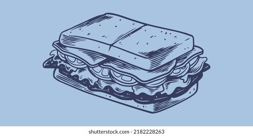 Hand drawing fast food set of square sandwich. Junk food restaurant fast food menu