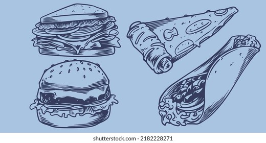 Hand Drawing Fast Food Set Of Two Sandwiches, Hamburgers, Hot Dogs, Kebabs.Junk Food Restaurant Fast Food Menu