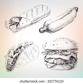 Hand drawing fast food set, hot dog, shawarma, hamburger, taco