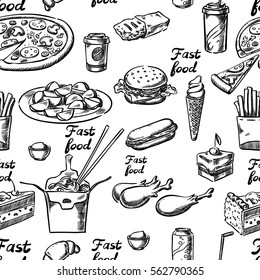 Hand drawing fast Food sketch seamless
