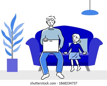 
hand drawing father and child with sofa flat illustration