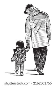 Hand drawing of father with child walking outdoors