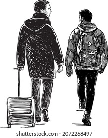 Hand drawing of father and teenage son going on  road trip together