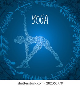 Hand drawing female silhouette practicing yoga pose with frame from wreath made of floral ornament for design Vector illustration. Spa consent, yoga studio, or natural medicine clinic.