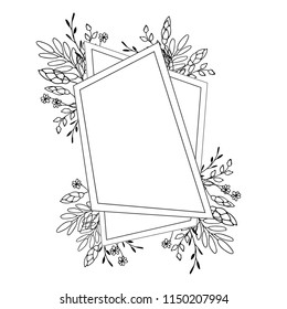 Hand drawing figured frame, floral ornament on white background with leaves, flowers, branches, black and white graphics, vector illustrcation