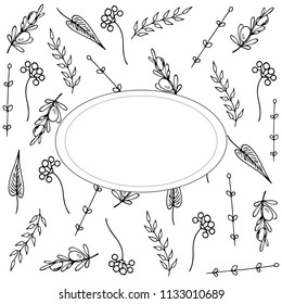 Hand drawing figured frame on white background with leaves, flowers, branches, black and white graphics, vector illustration