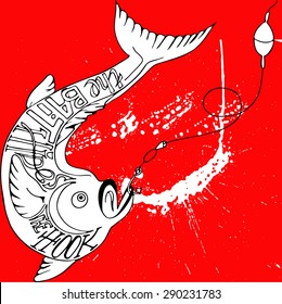 hand drawing fish against red background. Philosophy poster.