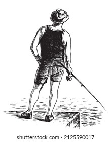 Hand drawing of a fisherman in hat and shorts with fishing rod standing alone on river embankment