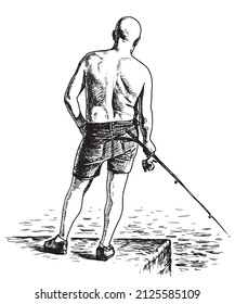 Hand drawing of a fisherman in shorts with fishing rod standing alone on river embankment