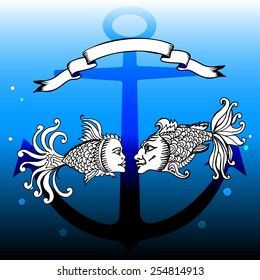 Hand drawing fishes with man and woman faces in deep ocean 