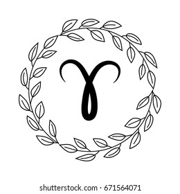 Hand drawing flat aries symbol in rustic floral wreath