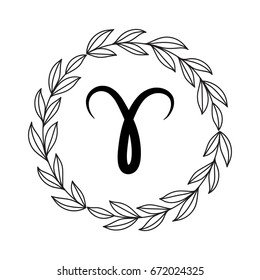 Hand drawing flat aries symbol in rustic floral wreath