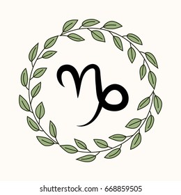 Hand drawing flat capricorn symbol in rustic floral wreath