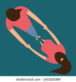 Hand drawing flat coloring illustration. Happy girl and guy holding hands.