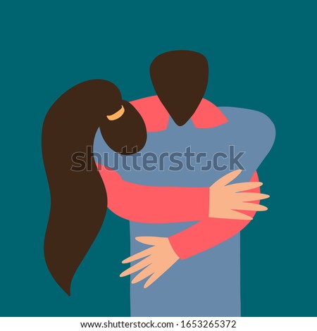 Hand drawing flat coloring illustration. Hugging happy girl and guy.