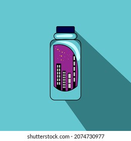 dibujo a mano de diseño plano ciudad・ilustración gráfica nocturna en una botella