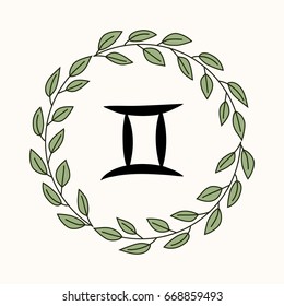 Hand drawing flat gemini symbol in rustic floral wreath