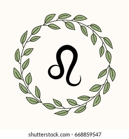 Hand drawing flat leo symbol in rustic floral wreath