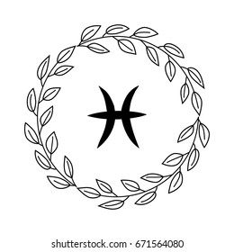 Hand drawing flat pisces symbol in rustic floral wreath