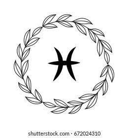Hand drawing flat pisces symbol in rustic floral wreath