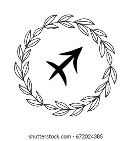 Hand drawing flat sagittarius symbol in rustic floral wreath