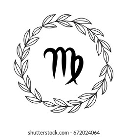 Hand drawing flat virgo symbol in rustic floral wreath