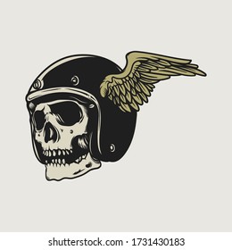 Hand Drawing Fliying skull motorcycle retro vintage illustration vector