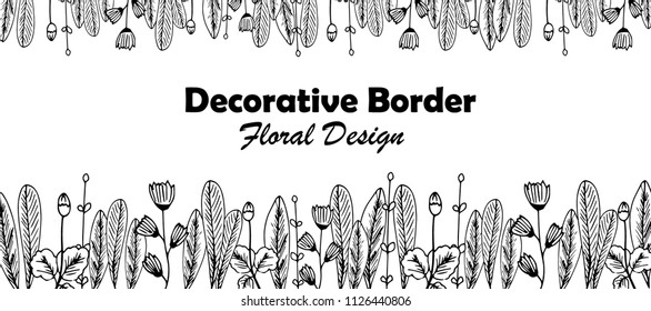 hand drawing floral decorative border with sample text, floral design, twigs, flowers, leaves, vector black and white illustration