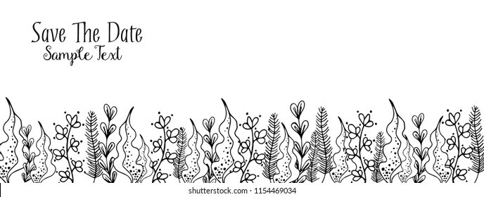 hand drawing floral decorative border with sample text, floral design, twigs, flowers, leaves, vector black and white illustration