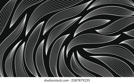 Hand drawing floral minimal elements in white line art style isolated on black background.Vector illustration.