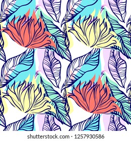 Hand drawing floral seamless pattern, flowers and leaves wallpaper background, vector illustration.
