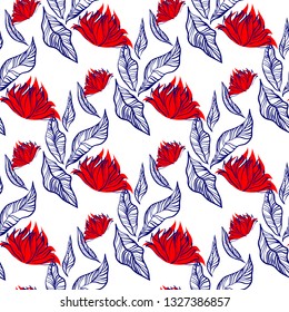 Hand drawing floral seamless pattern, red flowers and outline leaves wallpaper background, print image, vector illustration.