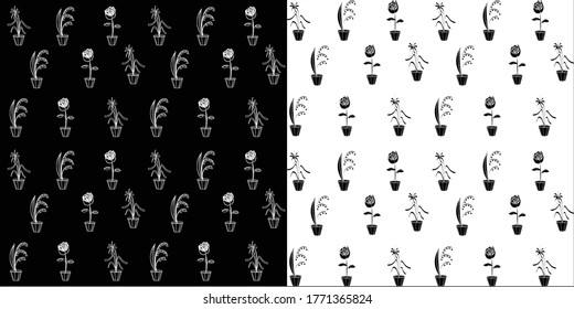 Hand drawing floral seamless pattern s. Black and white graphic flower background. Design element for textiles, fabrics, scrapbooking, wallpapers. Botanical prints.