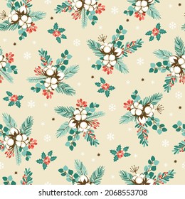 Hand drawing floral seamless pattern with cotton twigs and berries bouquets on a beige background. Winter Christmas themed background. Botanical illustration.