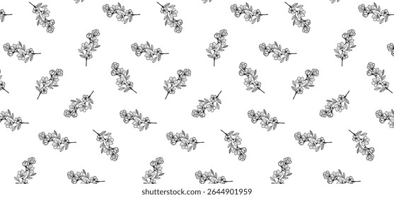 Hand Drawing Floral Seamless Pattern - Black and white pattern with leaf in outline style