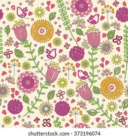 Hand drawing floral seamless pattern with birds. With the effect of the hand coloring. Surface textile design for woman clothes and swimwear.
Vector illustration.