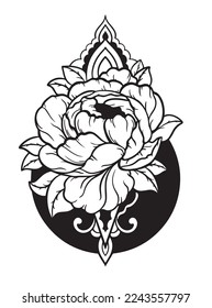 Hand drawing flower with geometric elements for greeting card,  print, t-shirt, poster, invitation, Henna drawing and tattoo template. Vector illustration. Old School Tattooing Style Ink. Boho design.