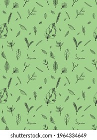 Hand drawing flower and leaf pattern in various styles in green background seamless pattern for print for paper or fabric pattern