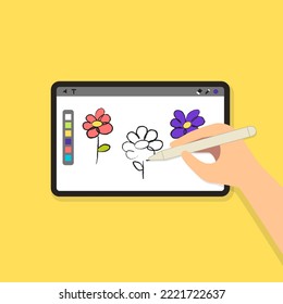 Flor de dibujo manual en tablet con ilustración vectorial de pluma digital.Concepto de arte de actividad creativa.