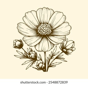 hand drawing flower sketch with retro style