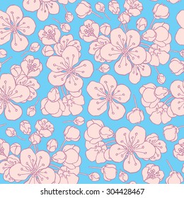 hand drawing flowering cherry, plum or sakura - seamless vector pattern