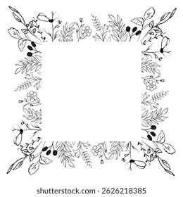 Hand drawing Flowers frame. Square floral branch style. Floral round black and white frame of twigs, leaves and flowers. Frames for template, wedding decor, greetings card. Doodle