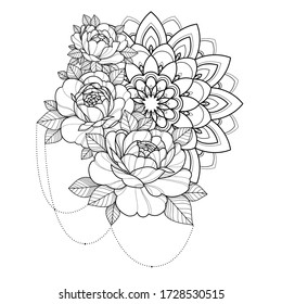 Hand drawing flowers with mandala ornament for greeting card, invitation, Henna drawing and tattoo template. Vector illustration