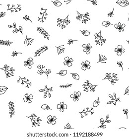 Hand drawing flowers pattern on white background. Tree branches, blooming flowers, foliage plants hand painting white and black pattern