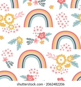 Hand drawing flowers and rainbow seamless pattern print design. Vector illustration design for fashion fabrics, textile graphics, prints