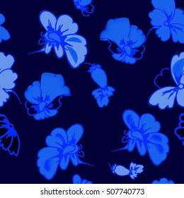hand drawing flowers seamless pattern with  blue background