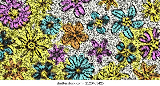 Flores dibujantes manuales, ilustración vectorial. Fondo floral para textiles.