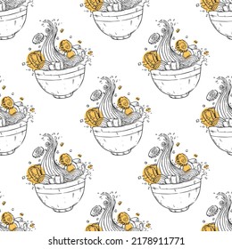 Hand drawing flying noodle ramen seamless pattern with tasty topping