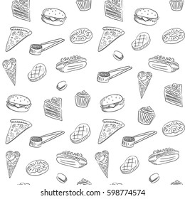 The hand drawing of food set. Sketch style, isolated. Seamless pattern