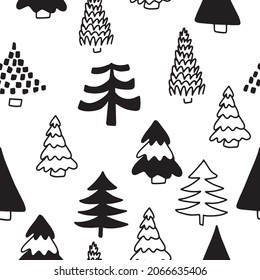 Hand drawing forest seamless pattern. Hand drawn Christmas trees in doodle style. Vector illustration for wrapping paper decoration.